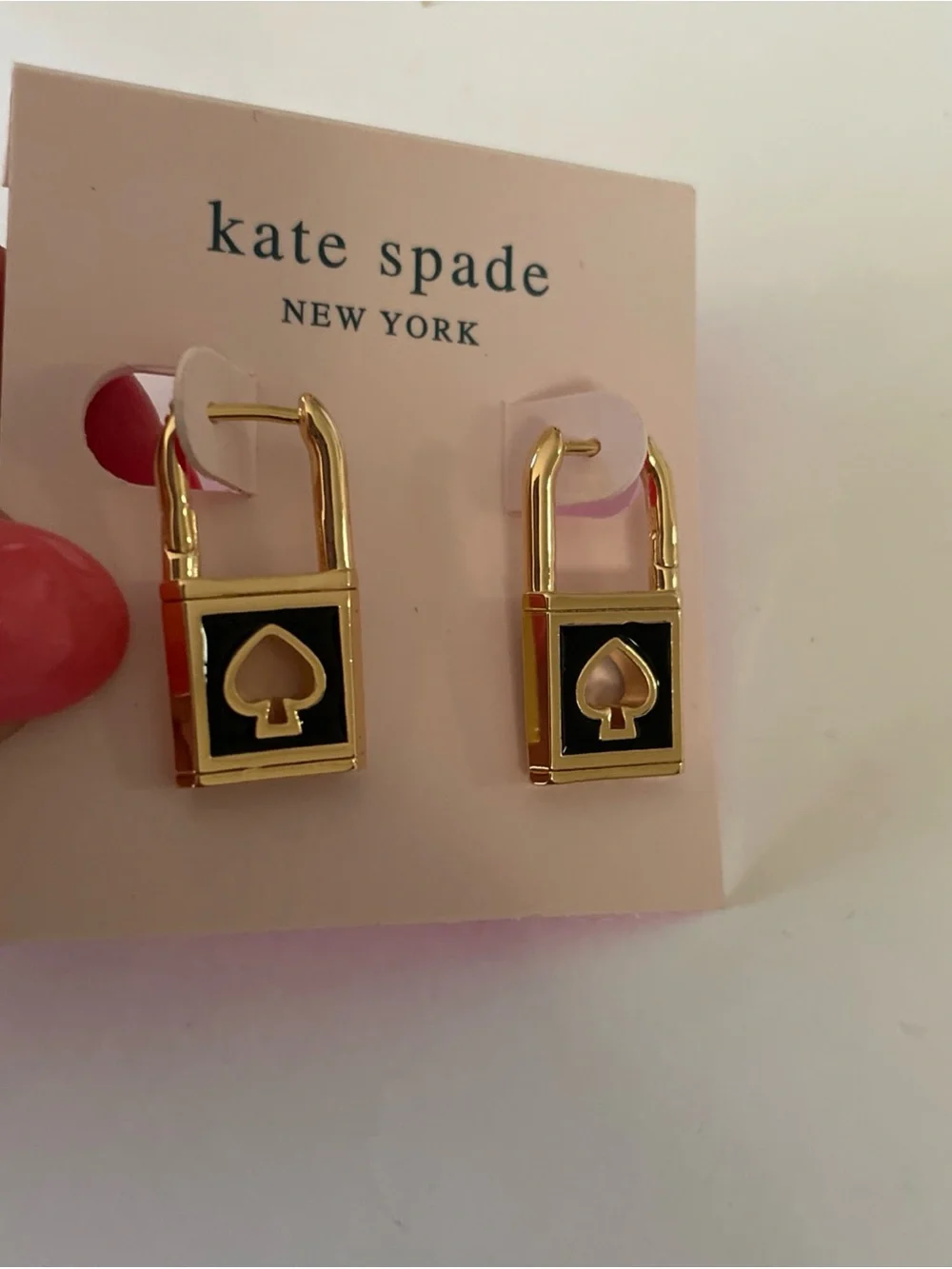 kate spade Gold Hoop Earrings with Black Enamel Spade Charm and Pink Accent